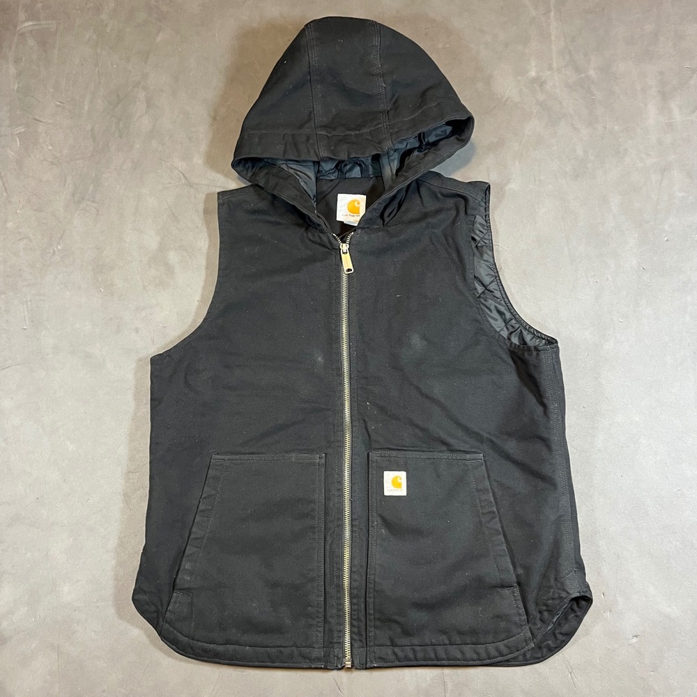 Carhartt Washed Duck Hooded Canvas Vest Women M Black Insulated 104026